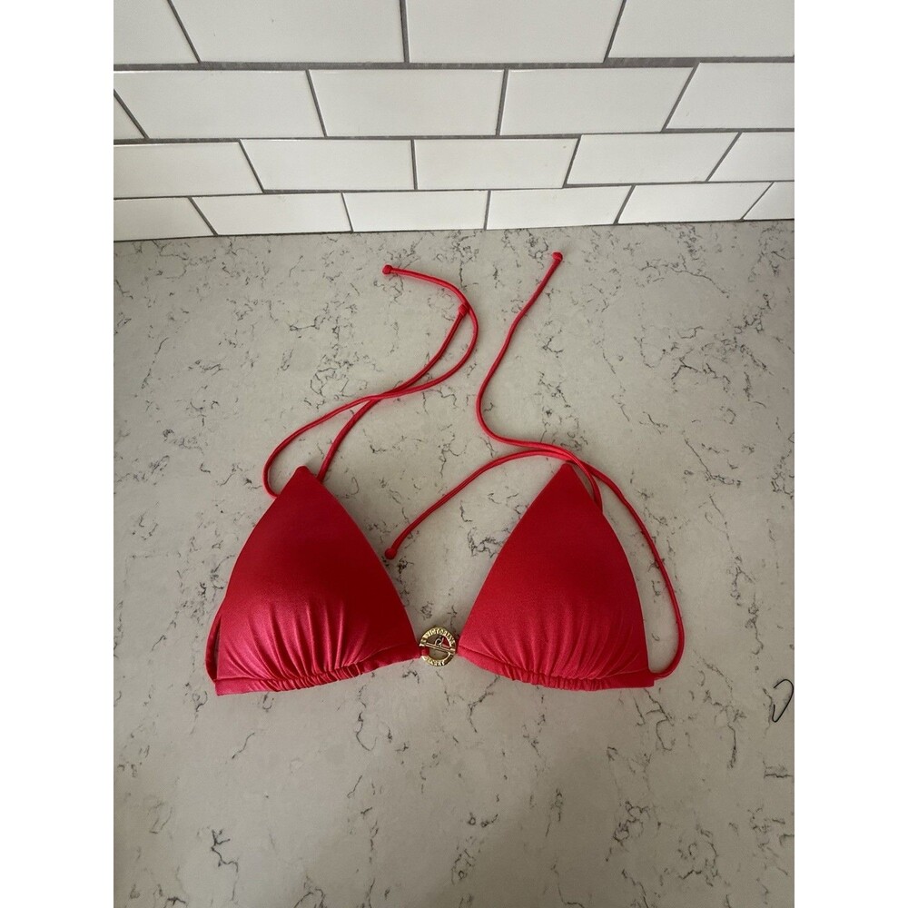 Victorias Secret Coral  Red w/ Gold Rings Push Up Swim Bikini Top Size M Y2K